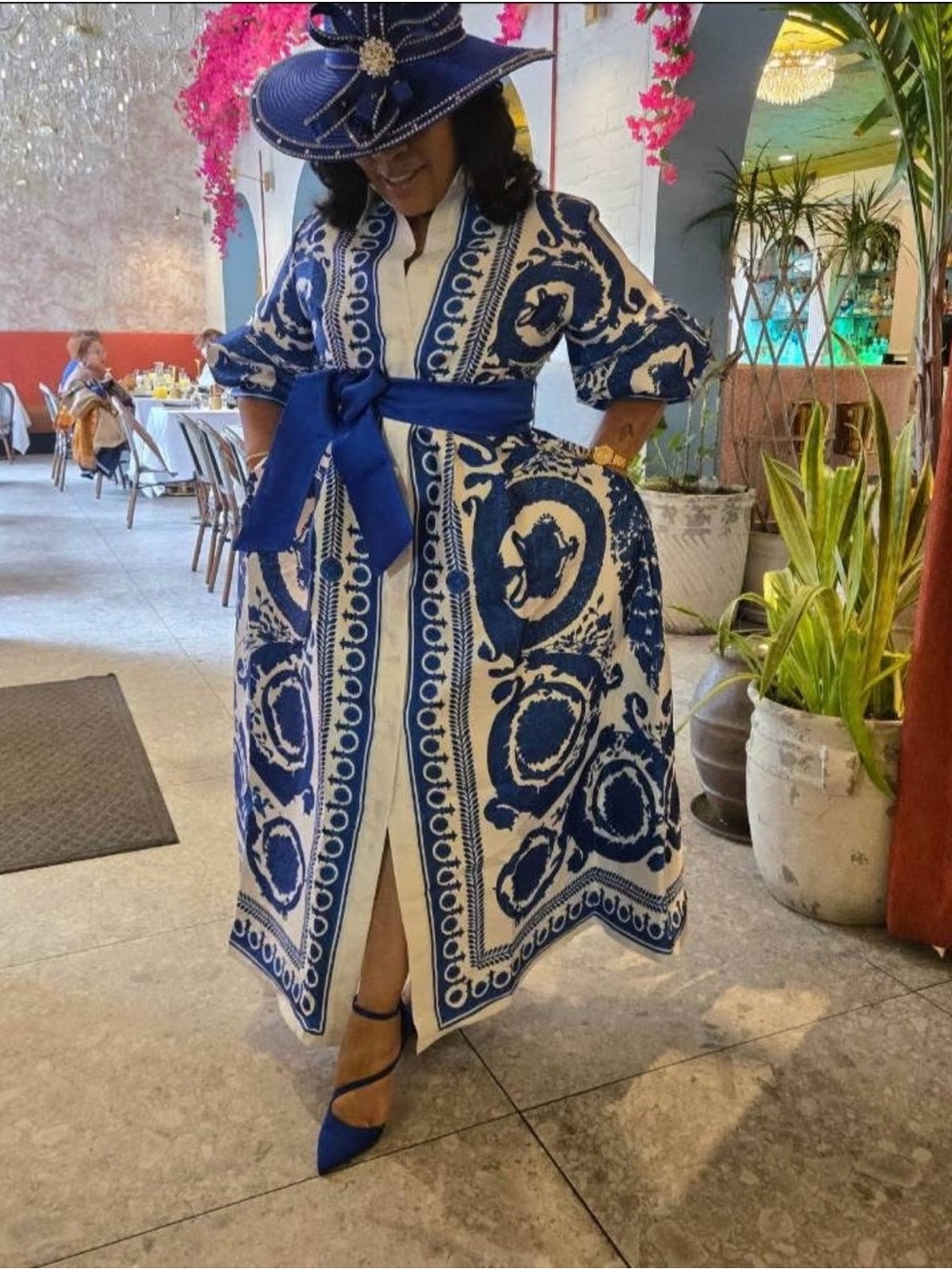 Blue & White Printed Maxi Coat Dress with Belt